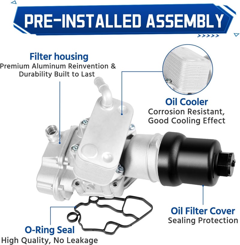 liriuda Aluminium Oil Filter Housing with Engine Oil Cooler Assembly 06F115397H Fit for VW Passat GTI Jetta Eos Golf Audi A3 A4 TT Ouattro Volkswagen FSI 2.0L Turbo 2005-2013 Replace 06F115397K - Image 2